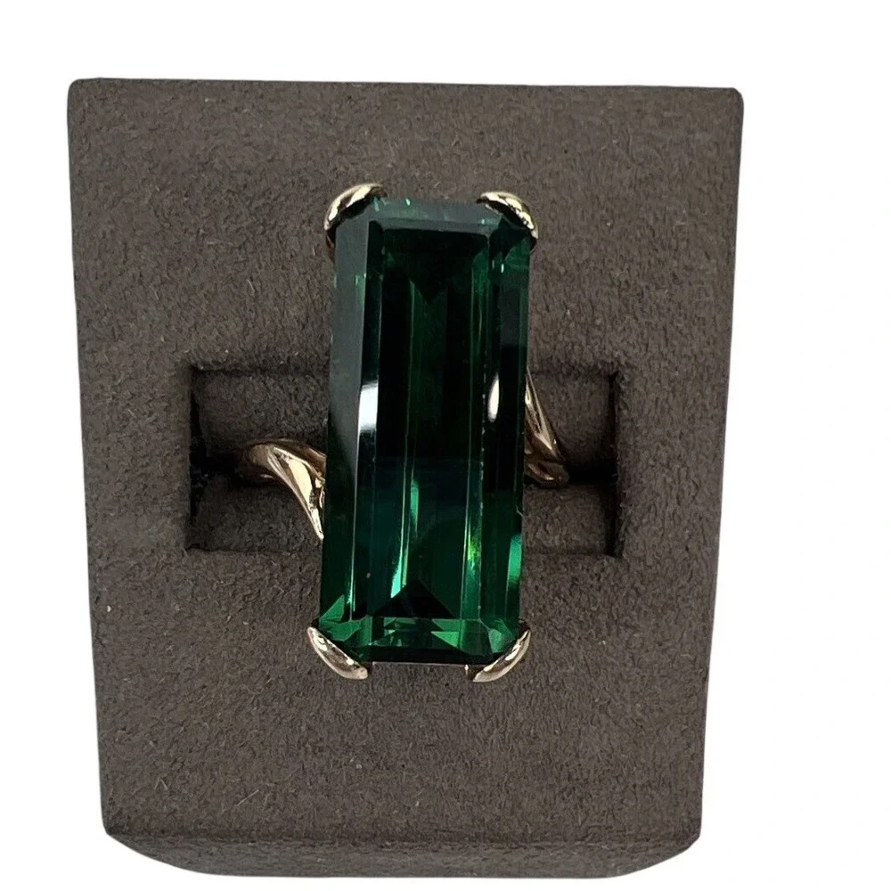 13.5ct Emerald Cut Green Tourmaline Ring 14K Yellow Gold Large Estate Cocktail